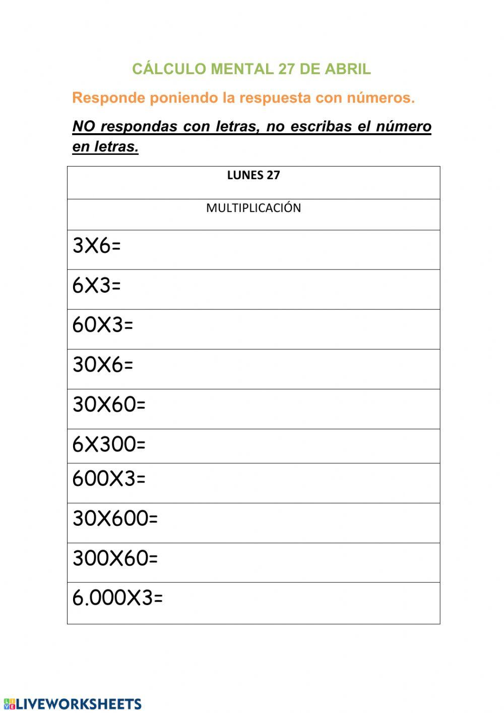 Cálculo mental 27 abril