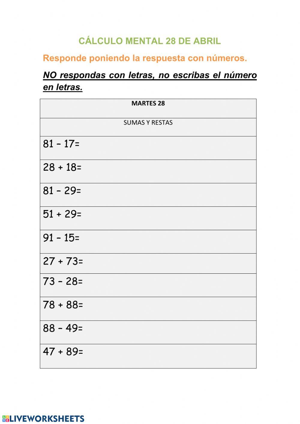 Cálculo mental 28 abril