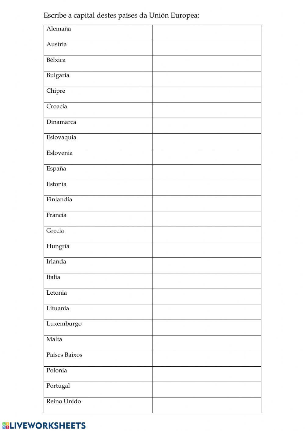 Países da UE e as súas capitales