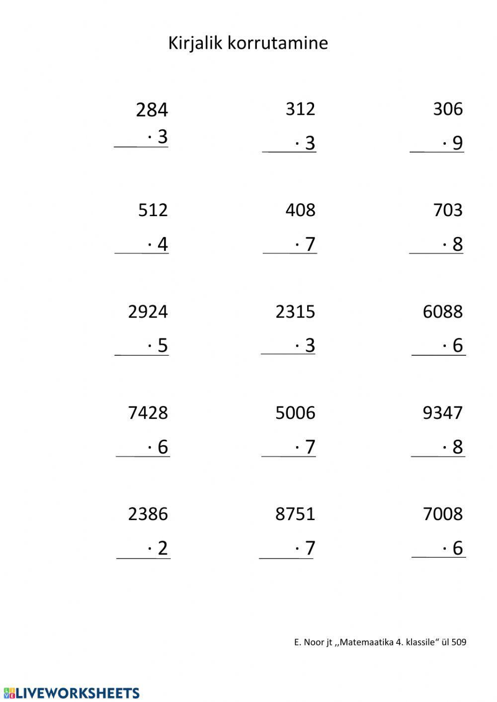 Kirjalik korrutamine ühekohalise arvuga.