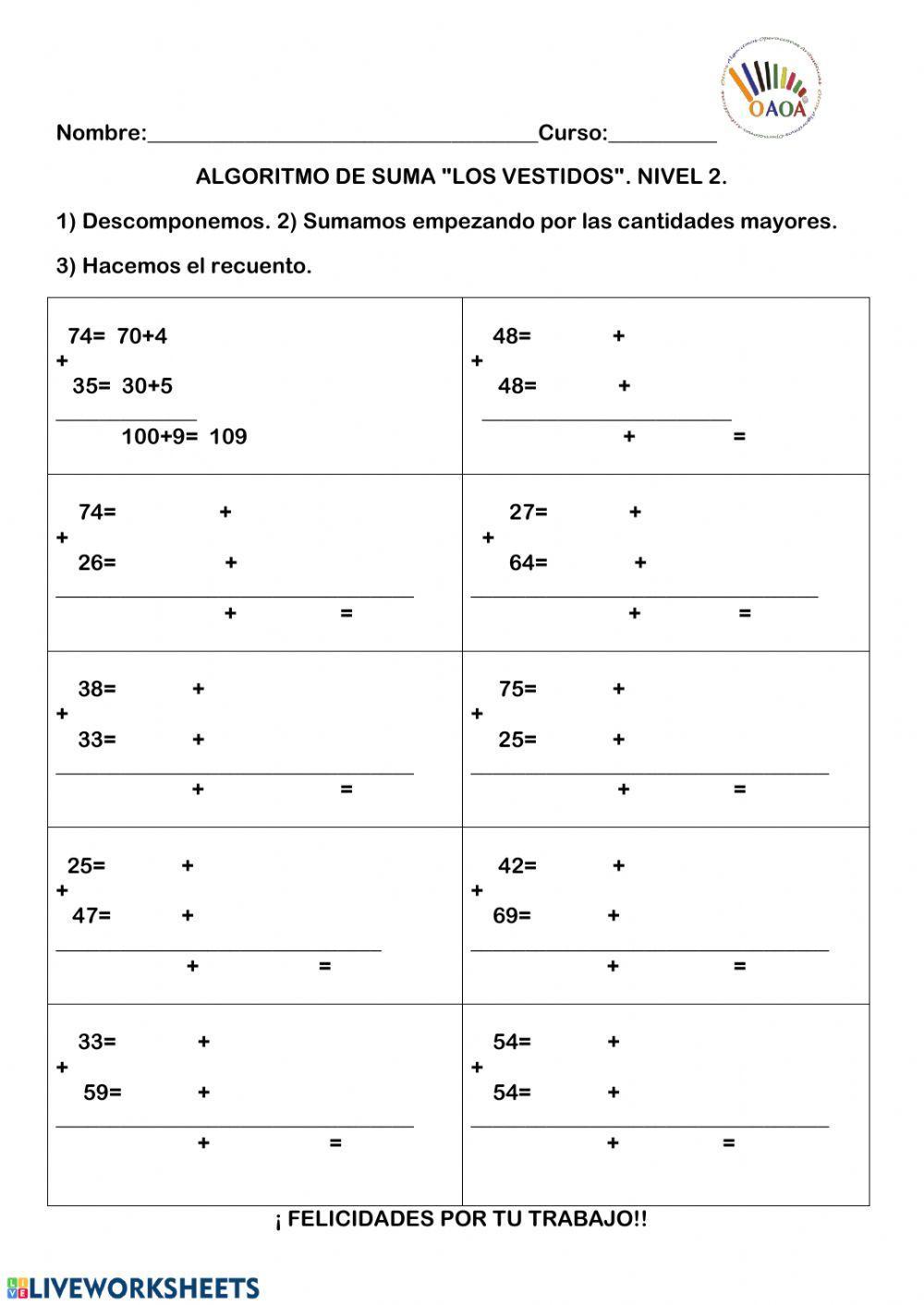 Algoritmo de suma Los Vestidos. Nivel 2. OAOA