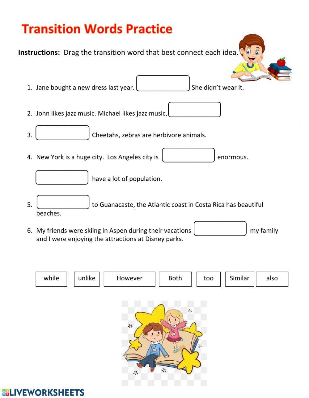 Transition words worksheet | Live Worksheets transition-words-worksheet-live-worksheets
