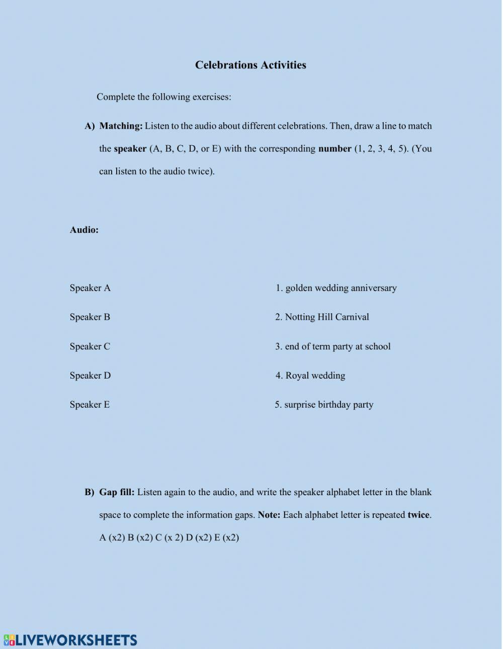 Celebrations Worksheet