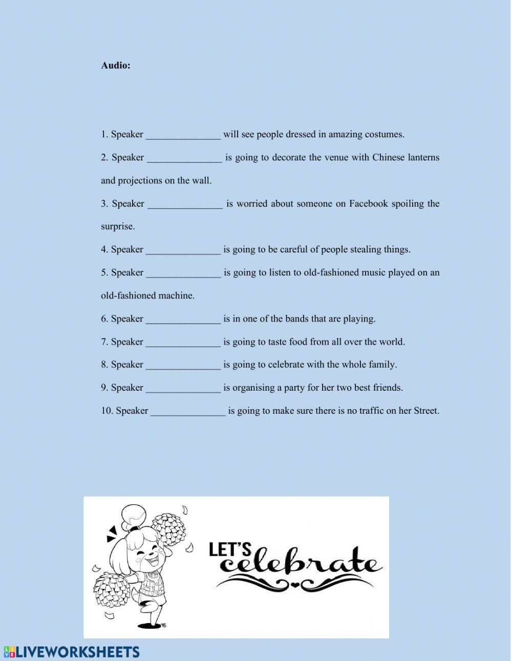 Celebrations Worksheet