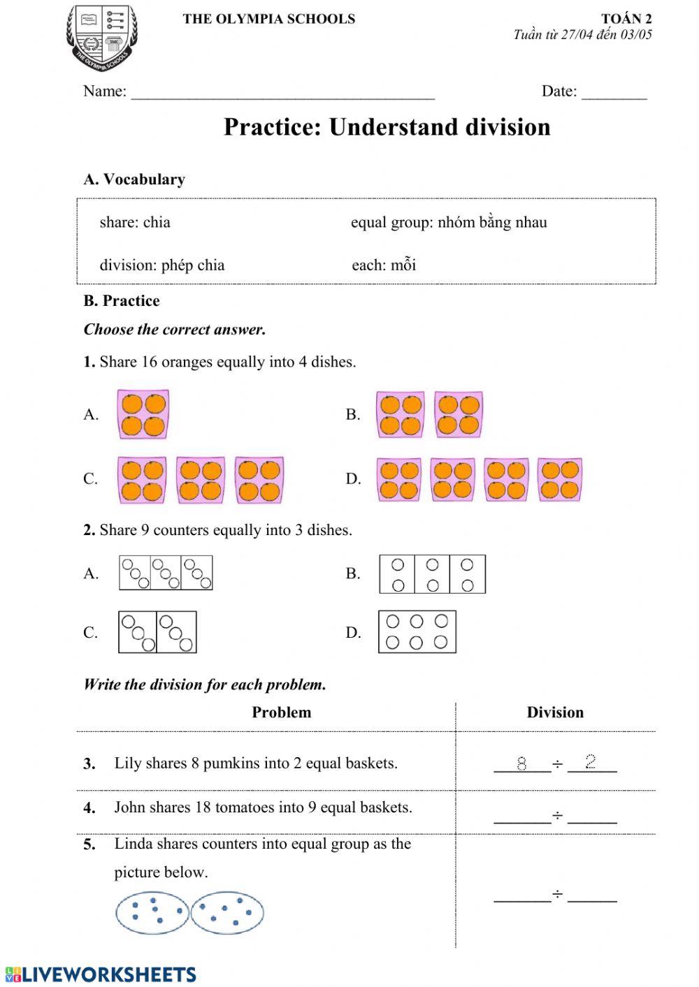 Practice on class: Understand division worksheet | Live Worksheets