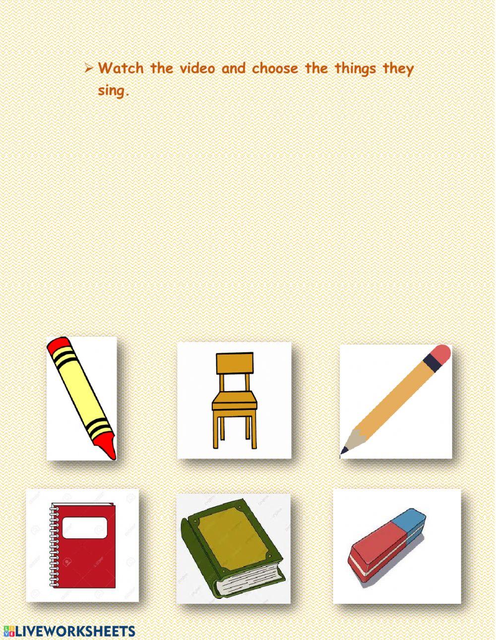 School objects online exercise for kinder | Live Worksheets