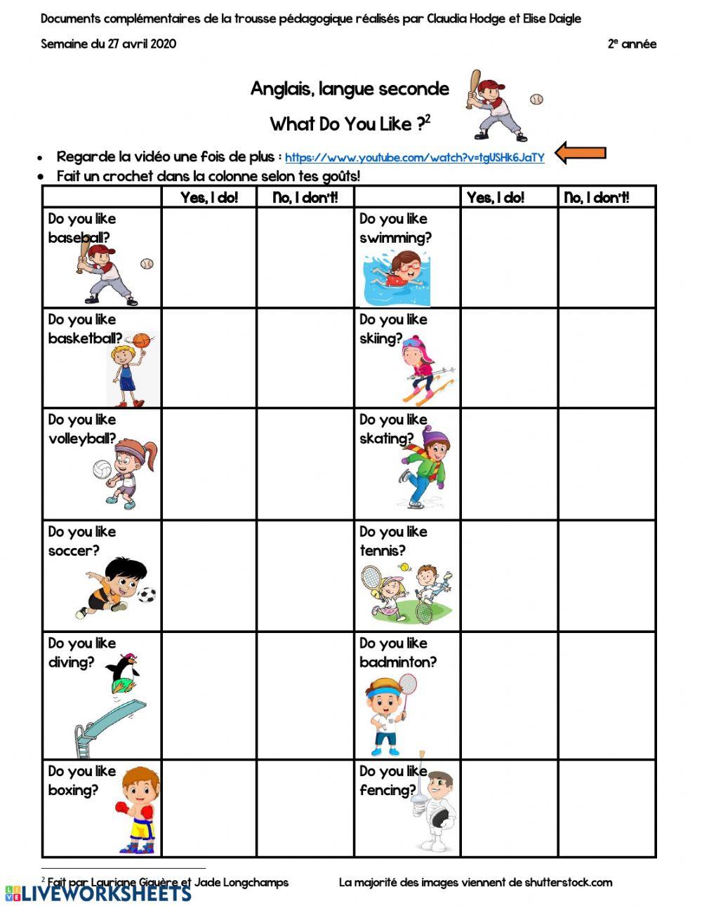 Grade 2 Do You Like Sports