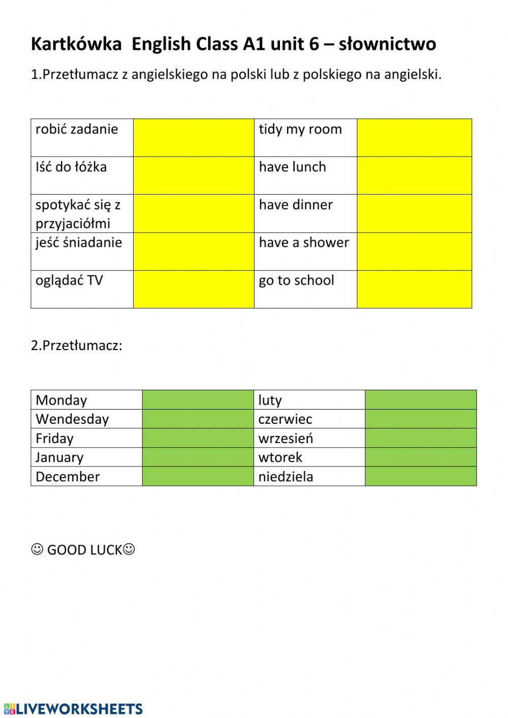 Vocabulary - days of the week, months, everyday activities