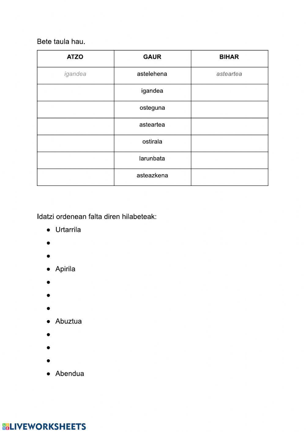 Asteko egunak eta hilabeteak