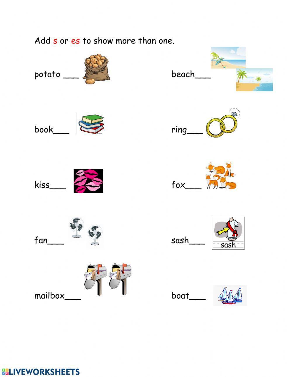 Singular and Plural: Adding s or es interactive worksheet | Live Worksheets