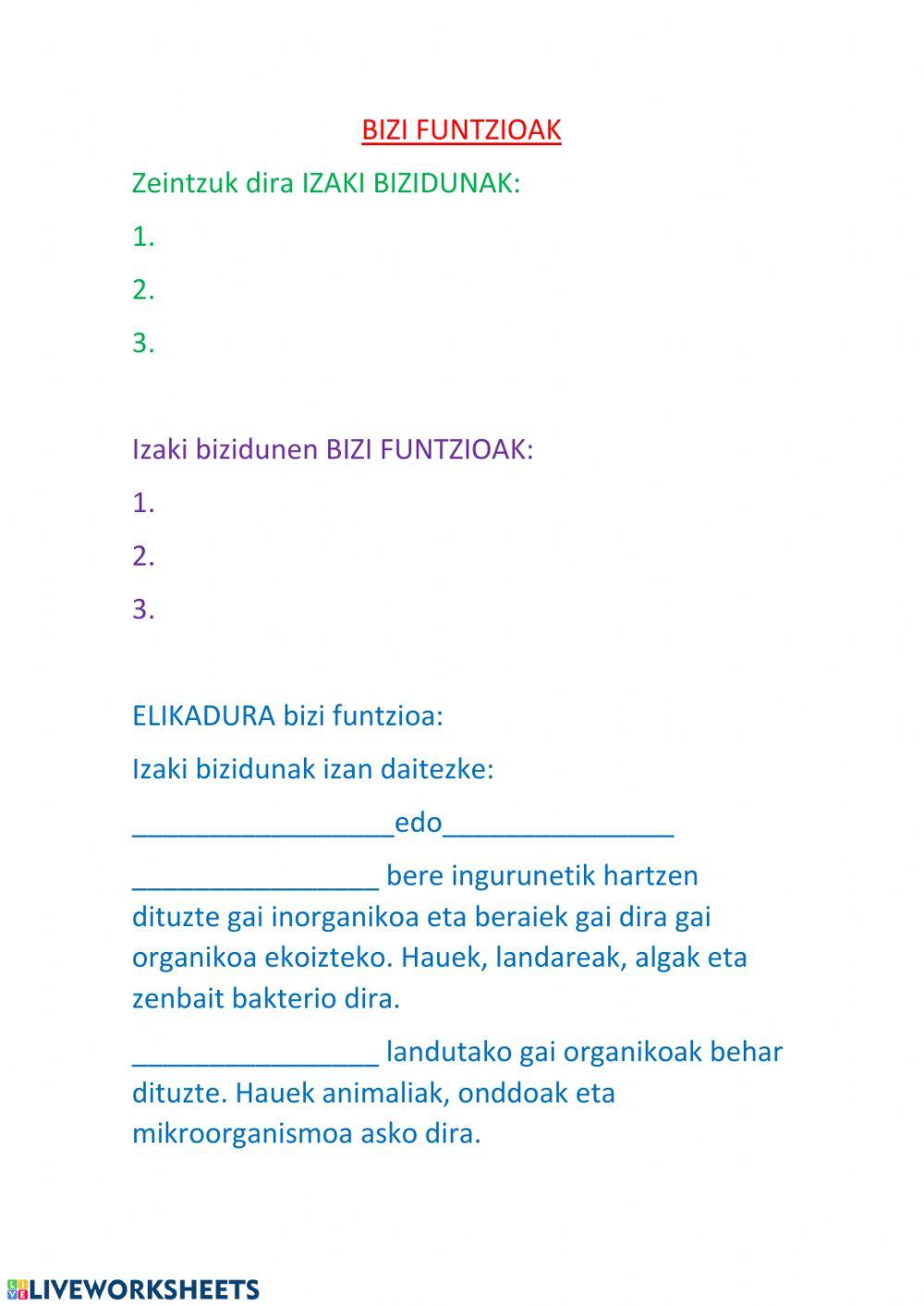 BIZI FUNTZIOA, ELIKADURA