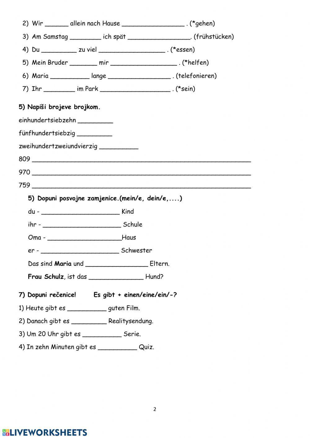 Präsens, Präteritum (war, hatte), Perfekt, zahlen, Possessivpronomina