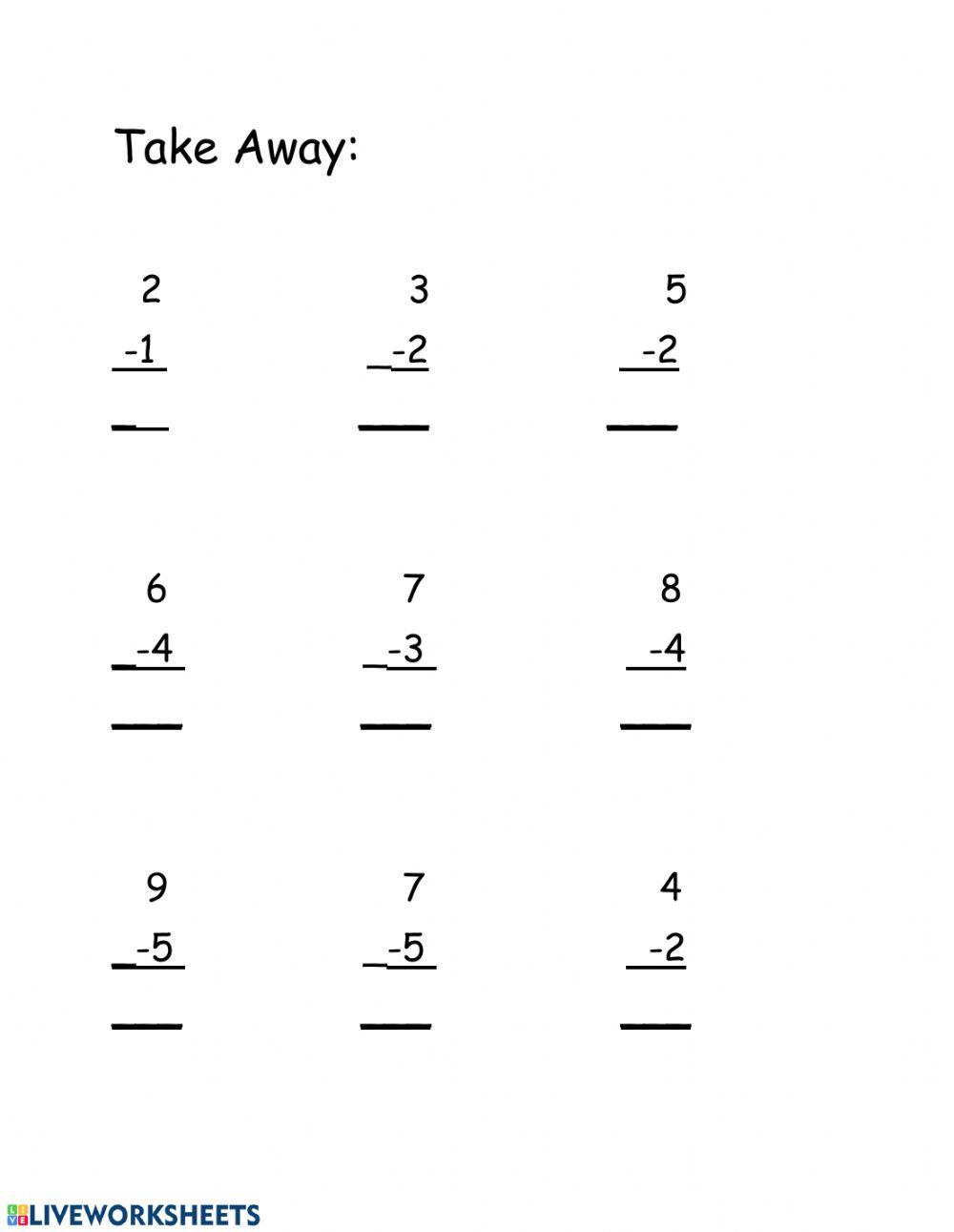 Vertical Take Away - Subtraction 1-10