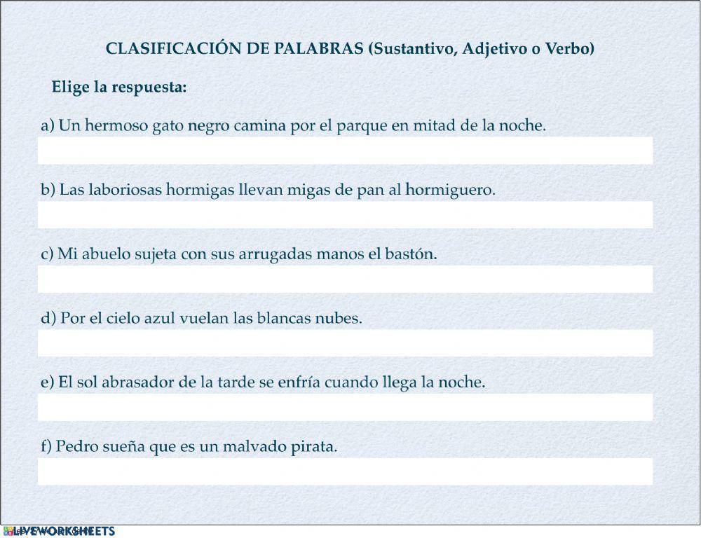 Clasificación de Palabras 1 (Sustantivo, Adjetivo o Verbo)