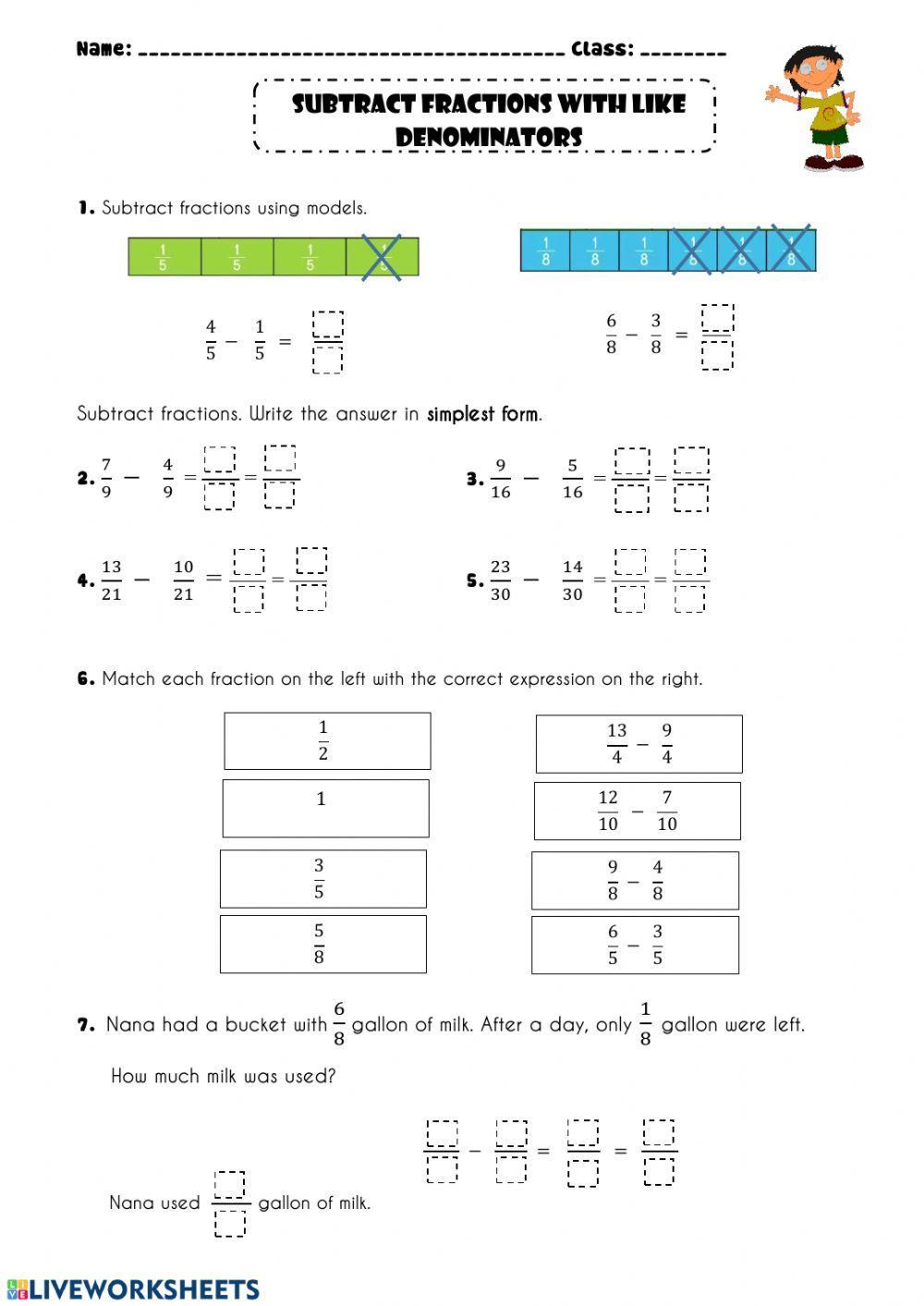 Subtract fractions with like denominators (Practice)