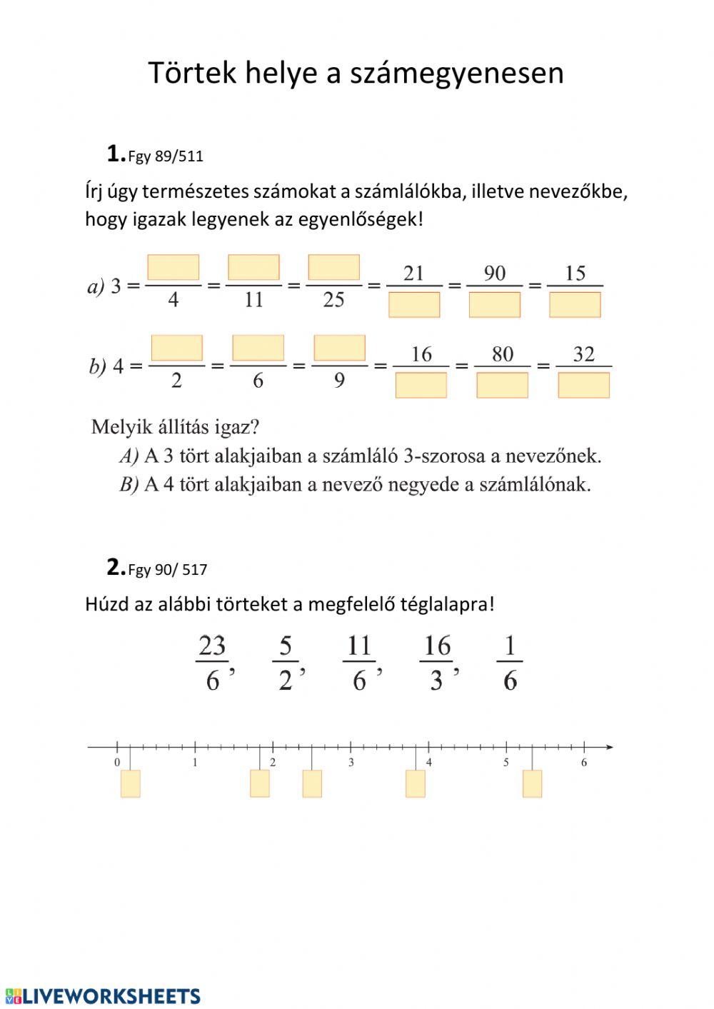 Törtek helye a számegyenesen