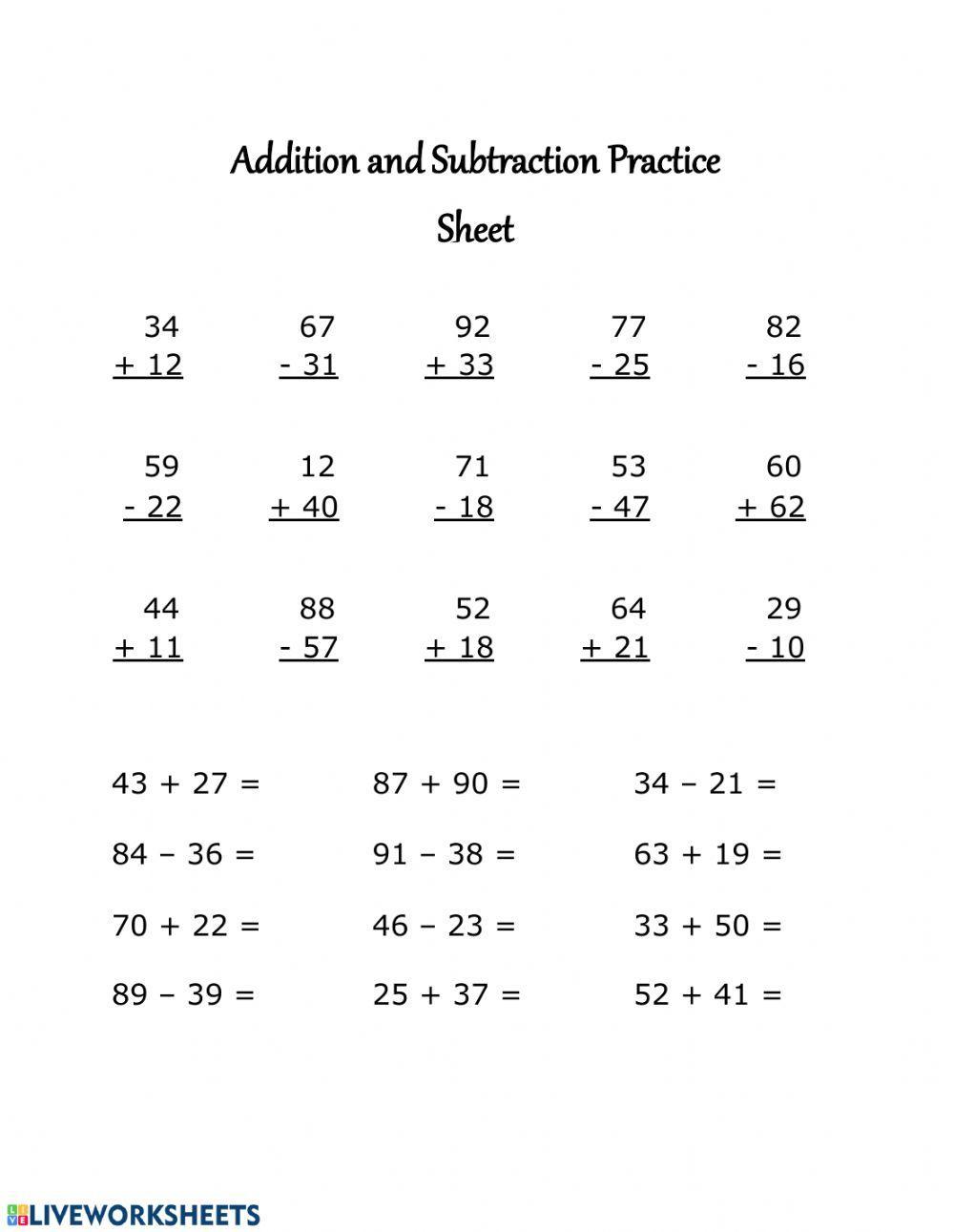 Addition and Subtraction Practice Sheet