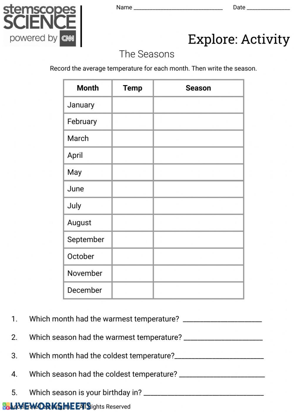 Seasons and Change Student Worksheet