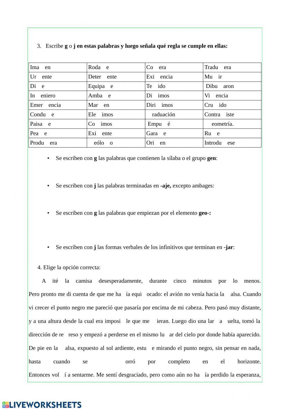 Ejercicios ortografía G y J Ejercicios ortografía G y J