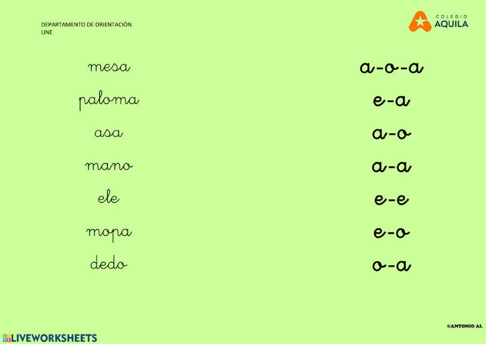 Une las palabras con las vocales correspondientes