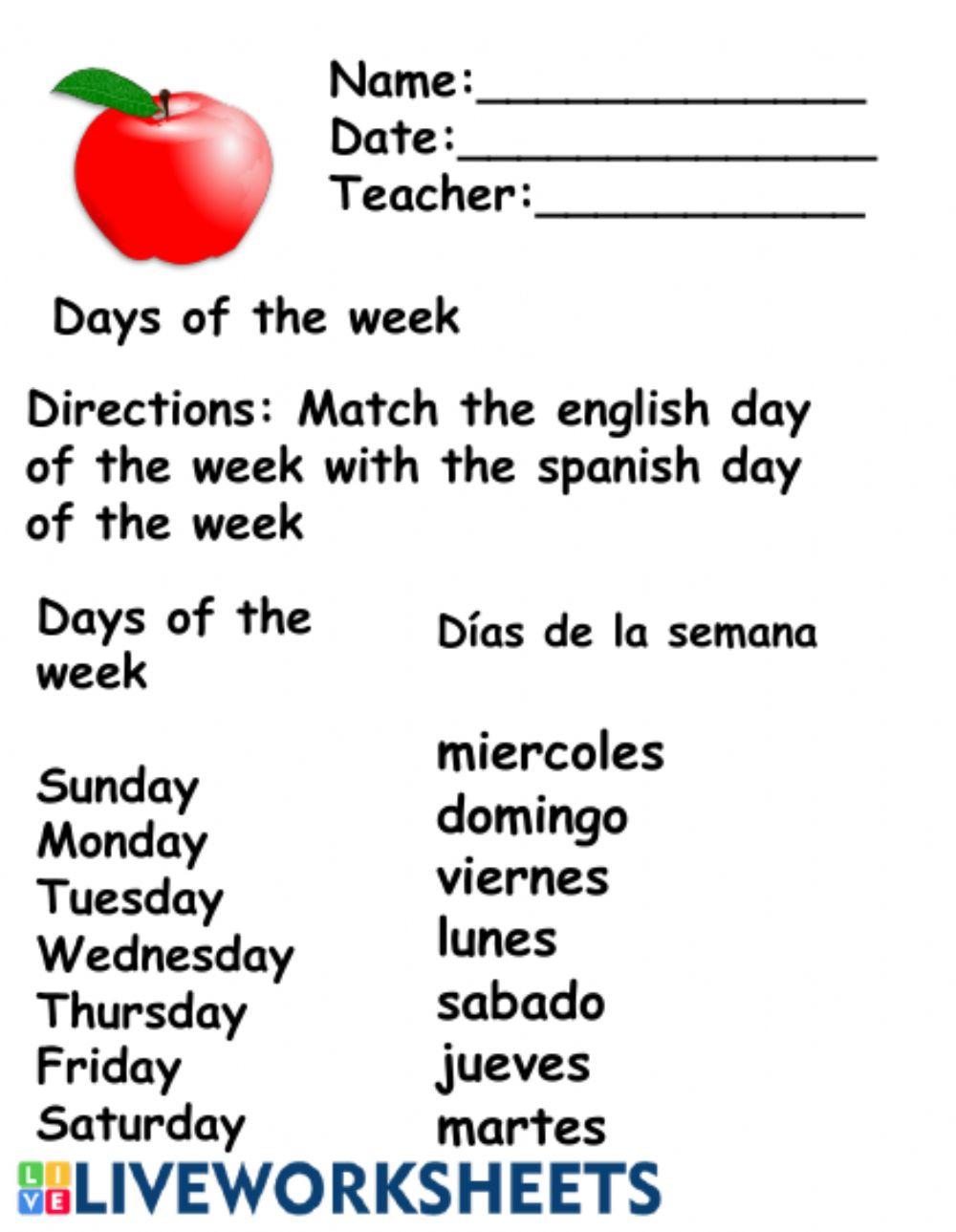 Spanish Days Of The Week Worksheet