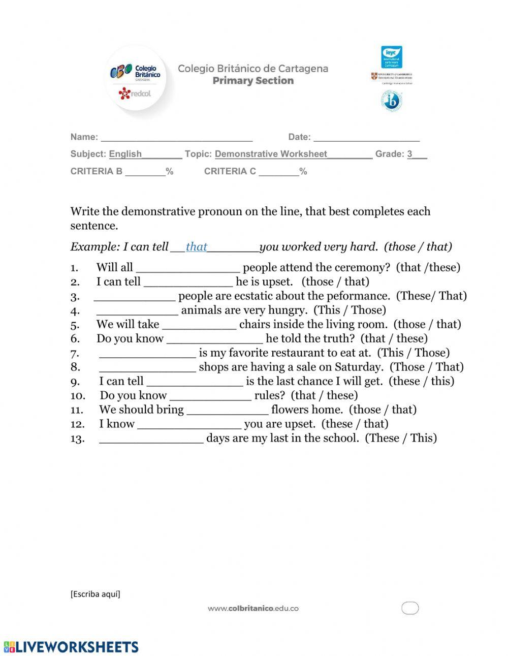 Demonstrative Pronouns Worksheet