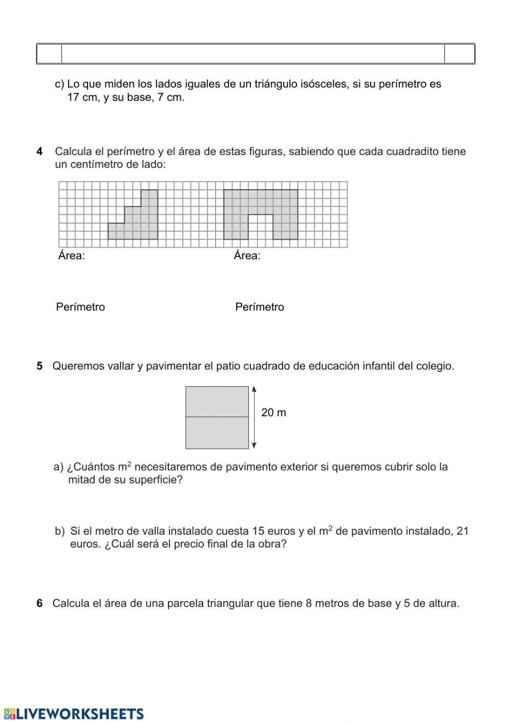 Área y perímetros de cuadrado, rectángulo y triángulo.