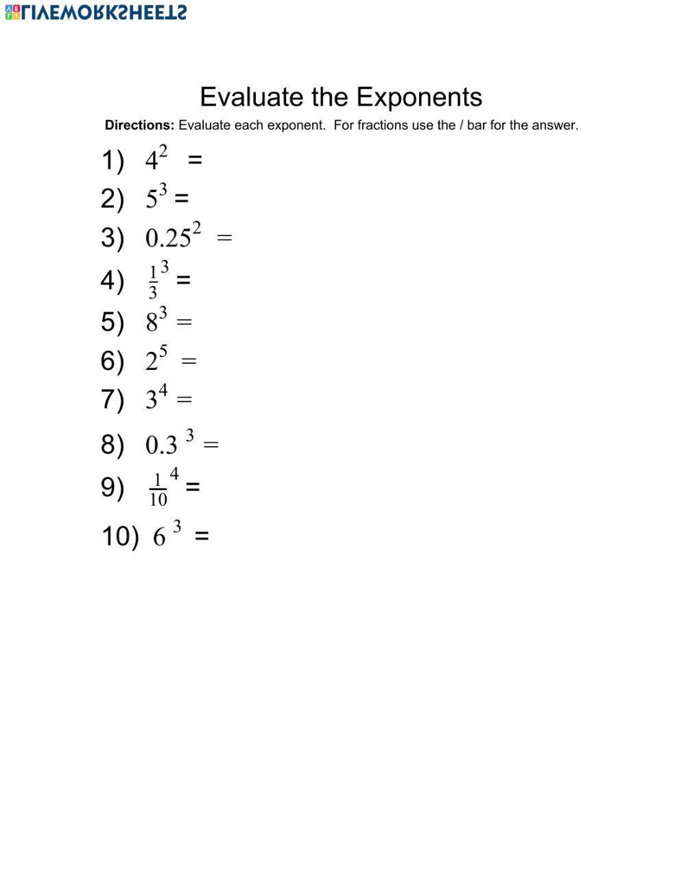 Evaluating Exponents 1