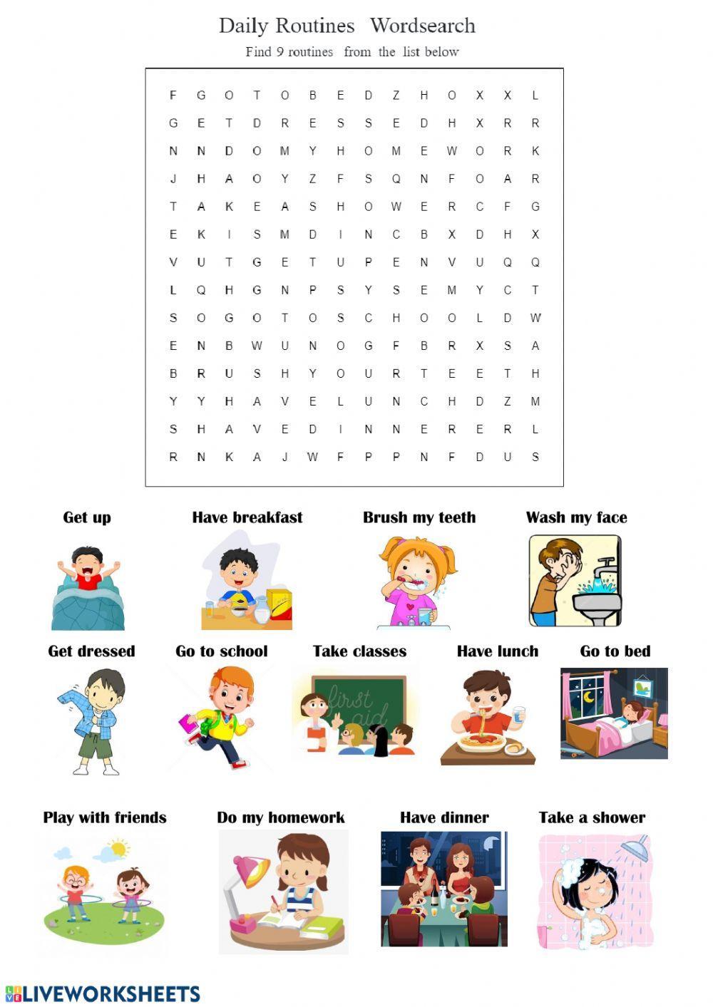 Routines exercises. Задания по теме Daily Routines. Daily Routine Wordsearch. Задания Daily Routine for Kids. Daily Routine Wordsearch for Kids.