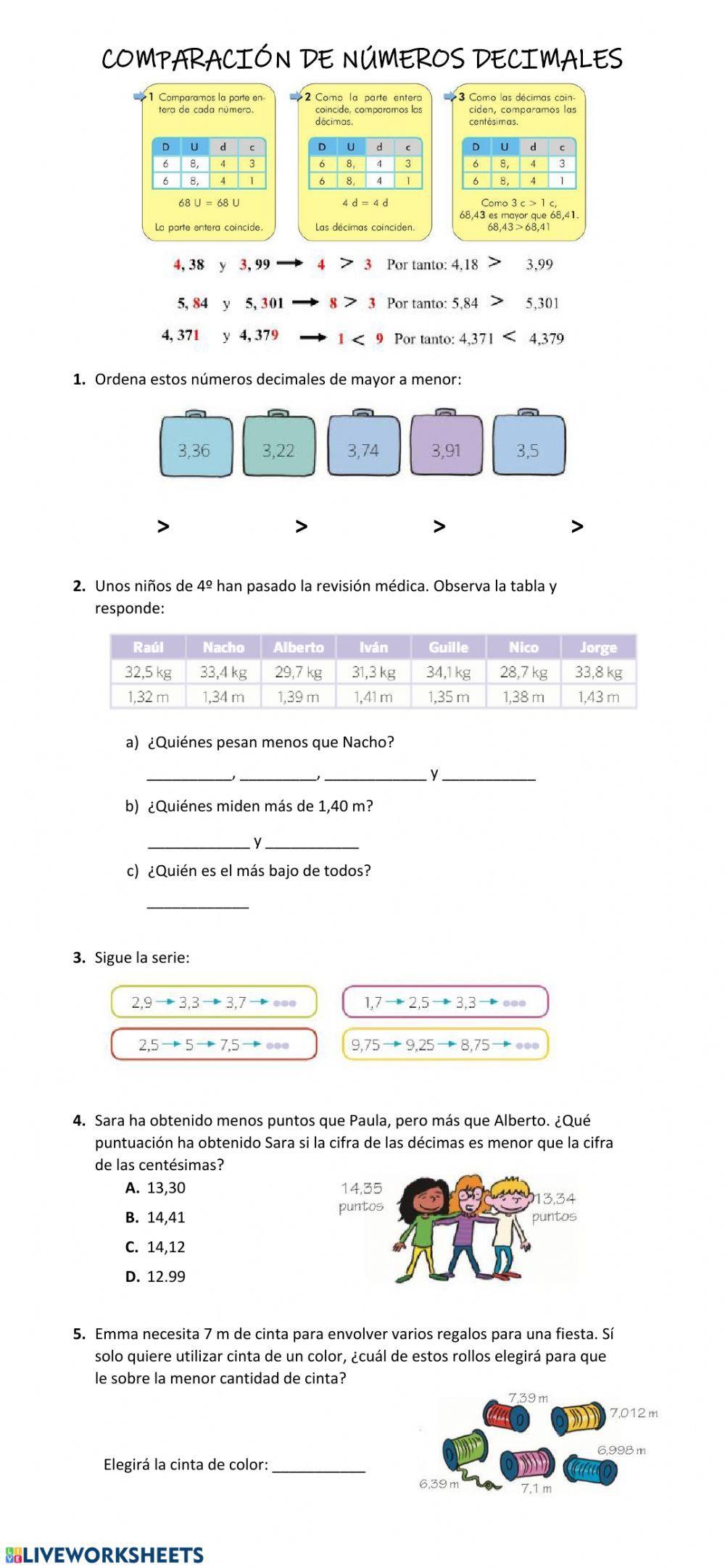 Comparar y ordenar decimales Comparar y ordenar decimales