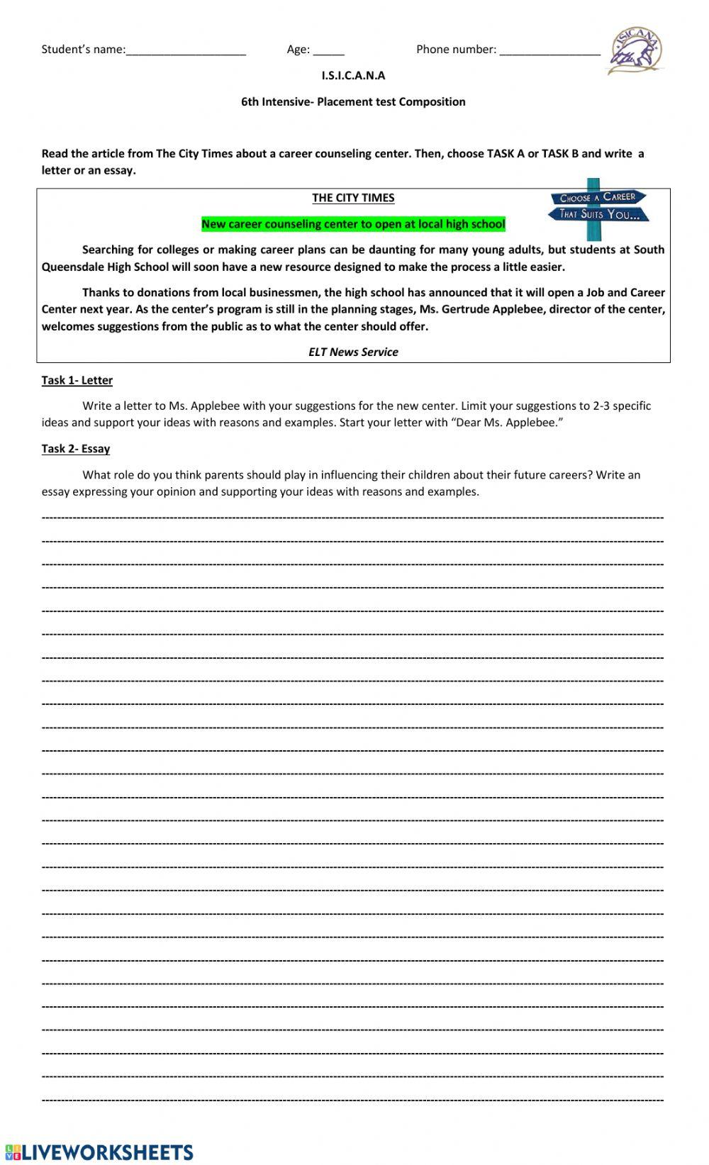 Placement test 6th Intensive Coposition Topic 1