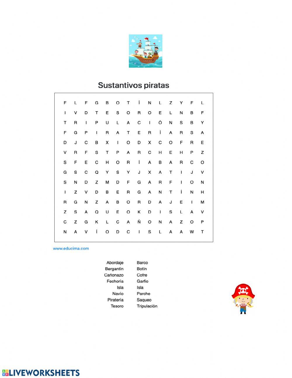 Sopa de letras sustantivos piratas worksheet Live Worksheets