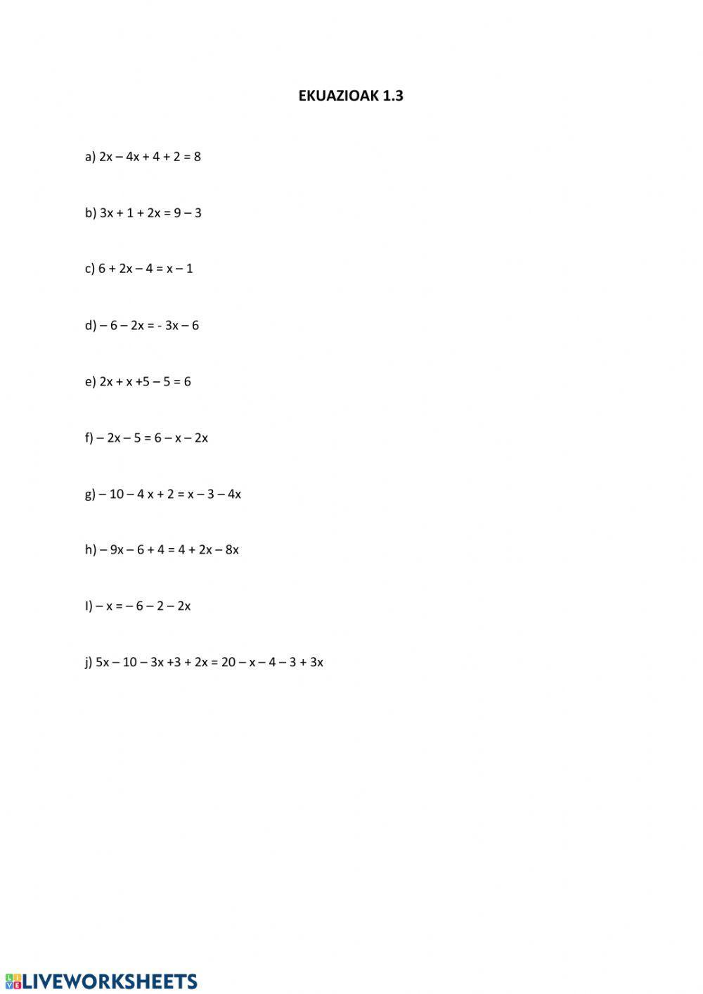Ekuazioak 1.3 worksheet Live Worksheets Ekuazioak 1.3 worksheet Live Worksheets