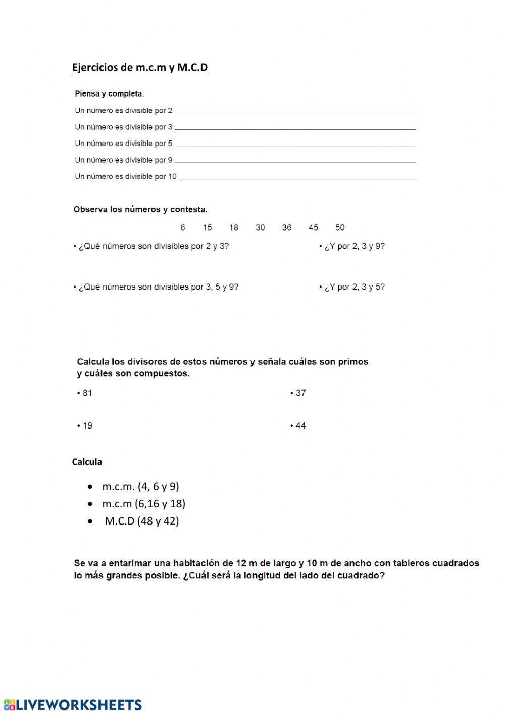 Ejercicios mínimo común múltiplo y máximo común divisor