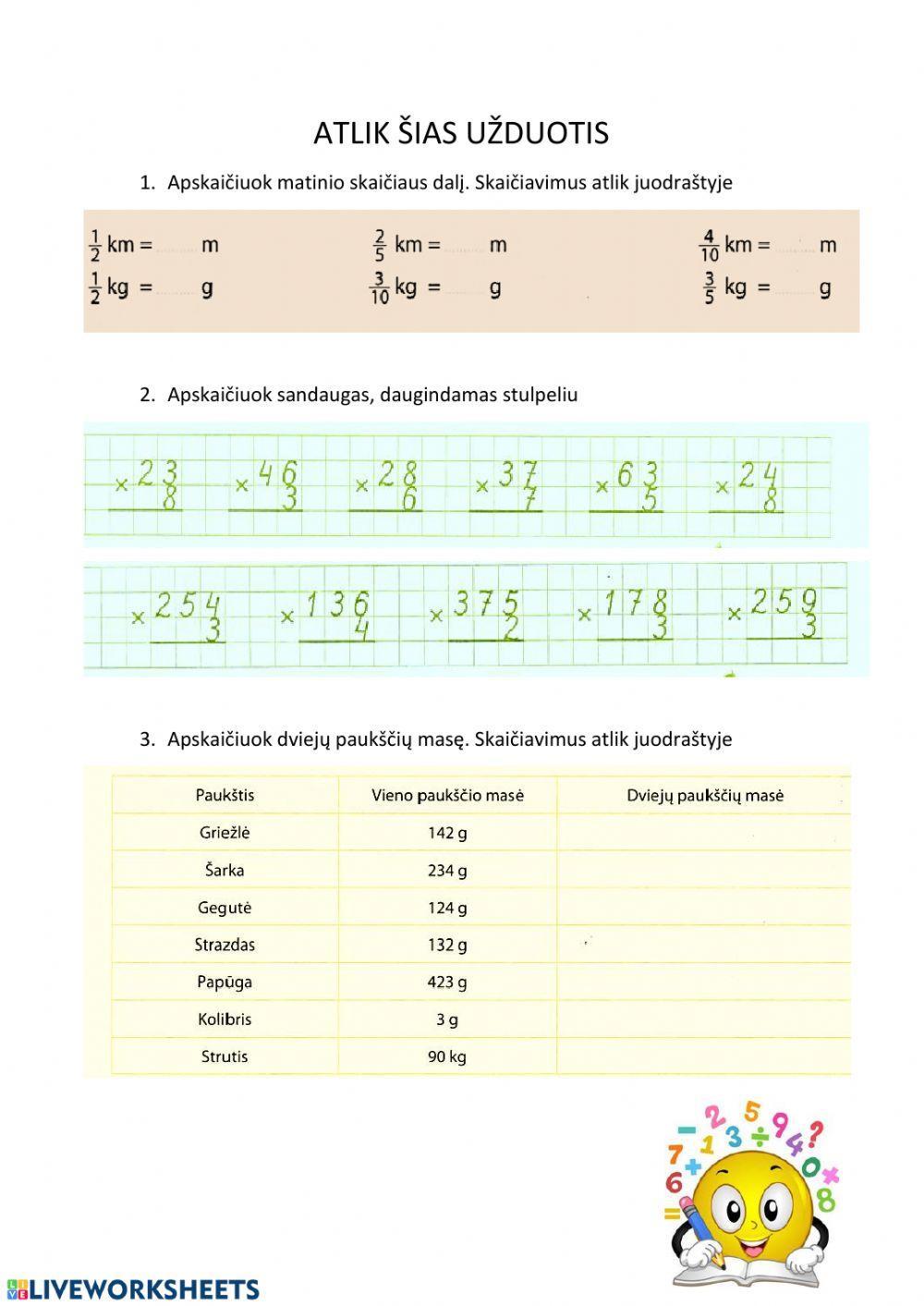 Kartojimas 3 kl. Daugyba stulpeliu