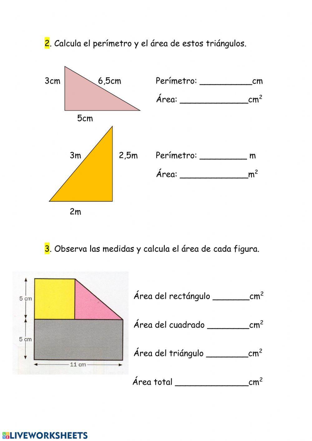 Perímetros y Áreas: cuadrado, rectángulo, triángulo.