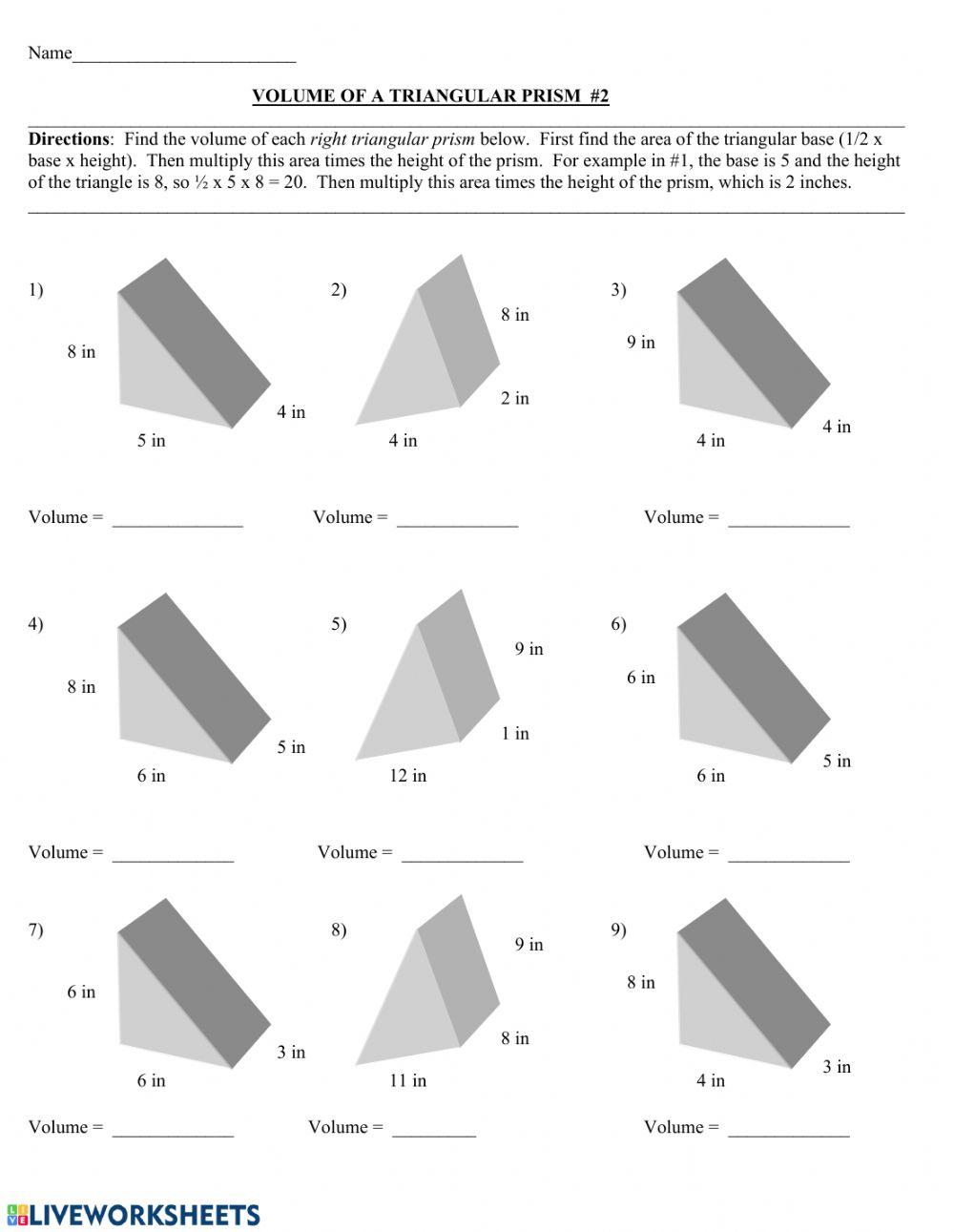 Triangular Prism Volume Worksheet