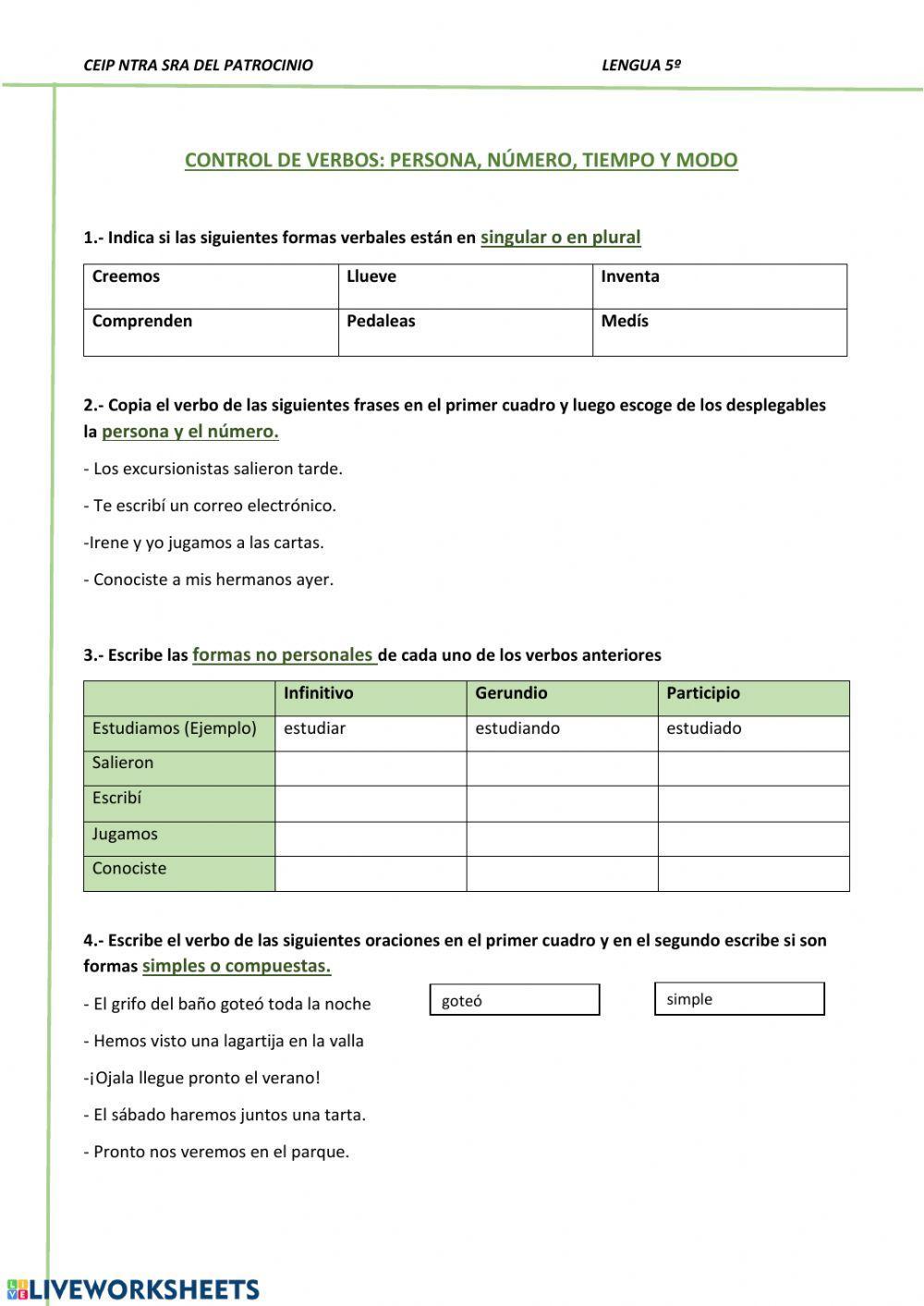 Test verbos:persona, número, tiempo y modo