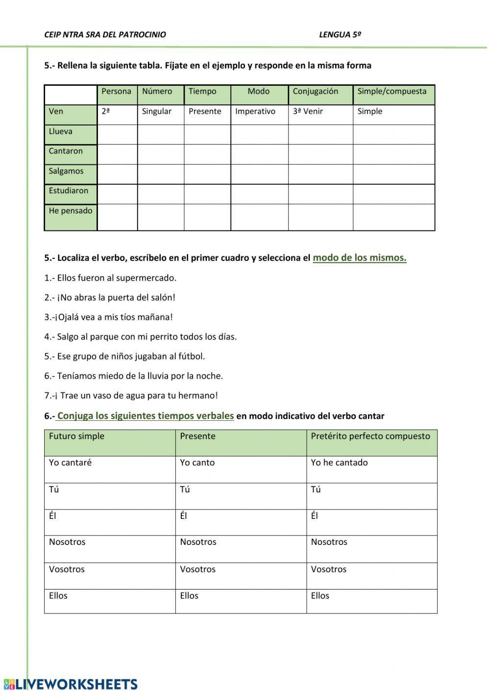 Test verbos:persona, número, tiempo y modo