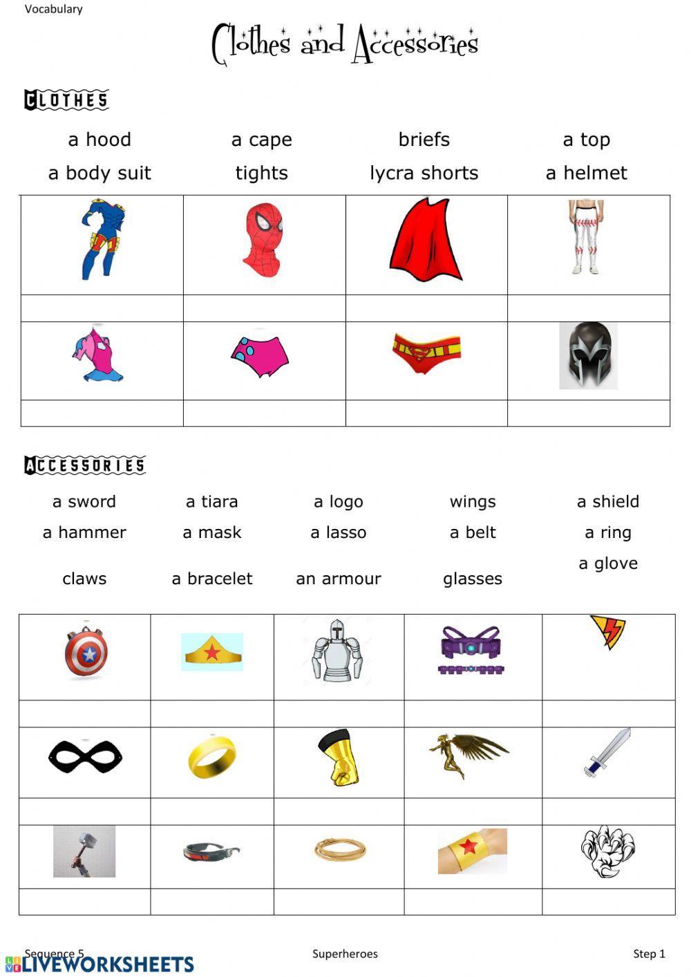 Vocabulary costume and accessories superheroes