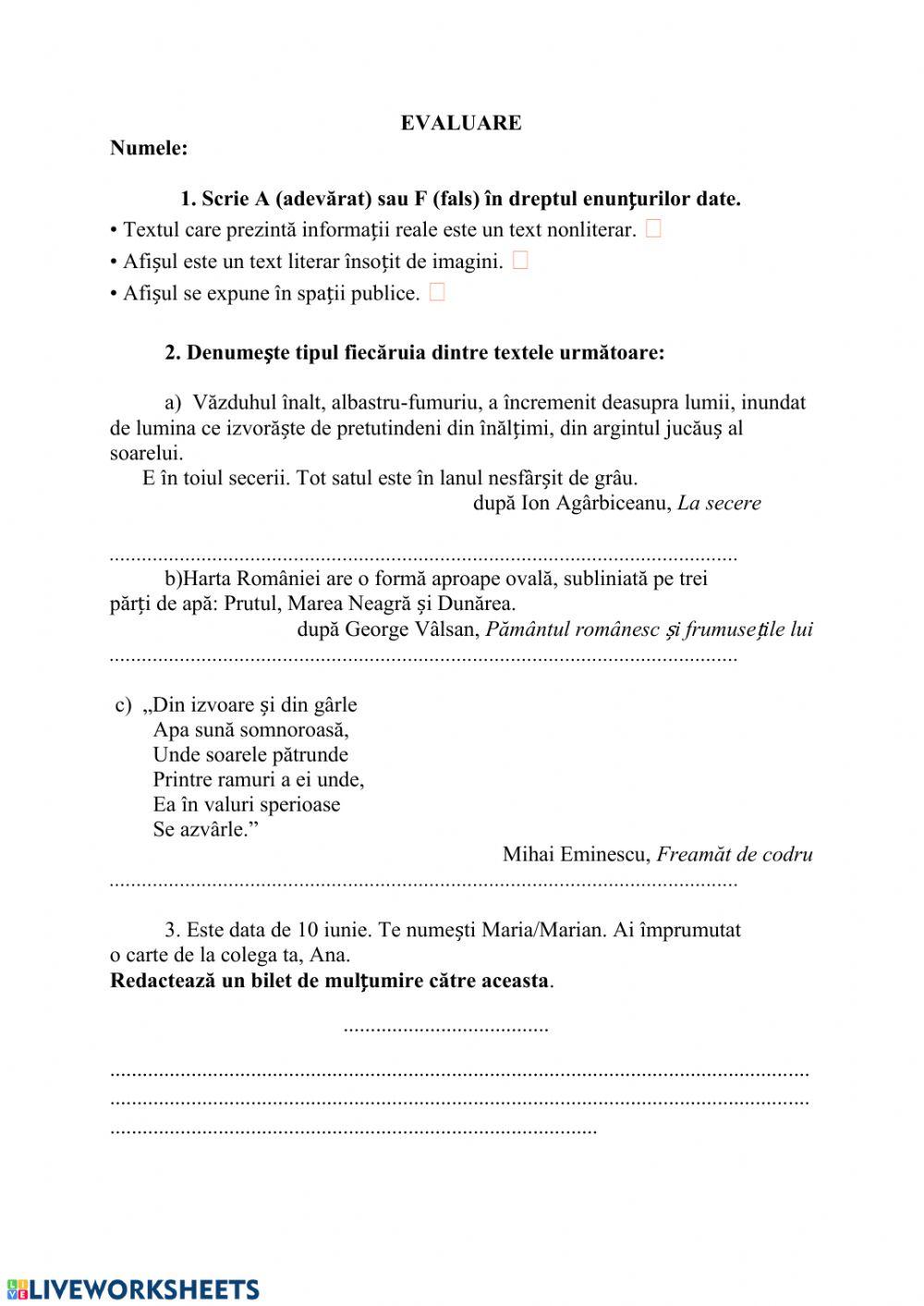 Evaluare-CLR Un… | Free Interactive Worksheets | 136350