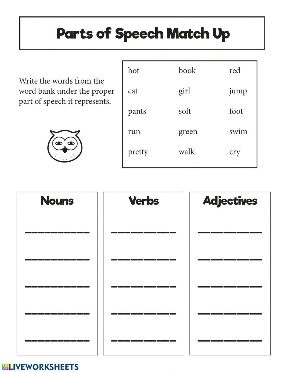 Parts of Speech online exercise for Live Worksheets Parts of Speech online exercise for Live Worksheets
