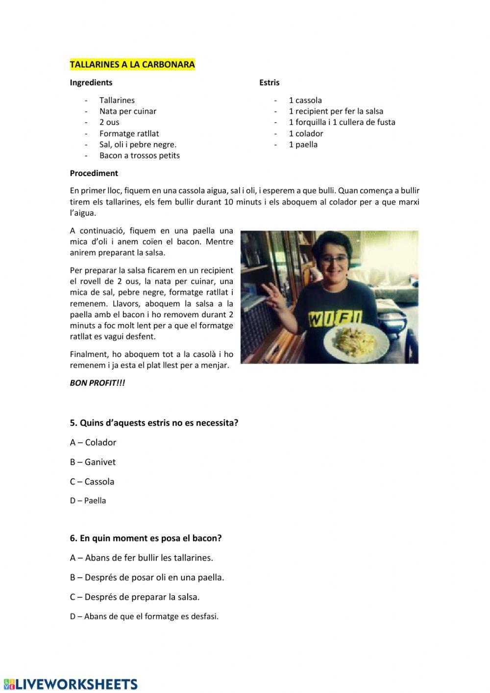 Comprensió Lectora. Receptes