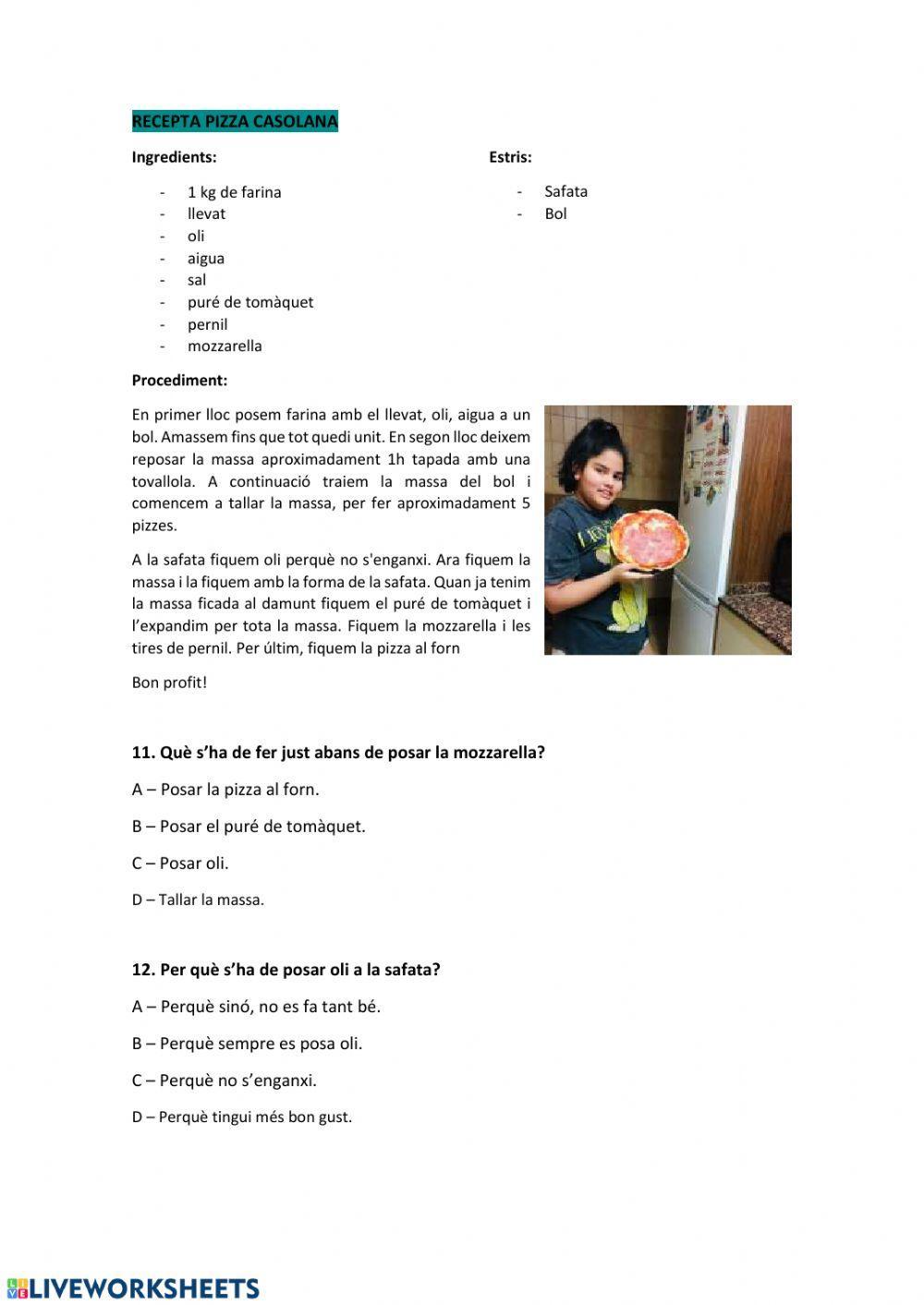 Comprensió Lectora. Receptes