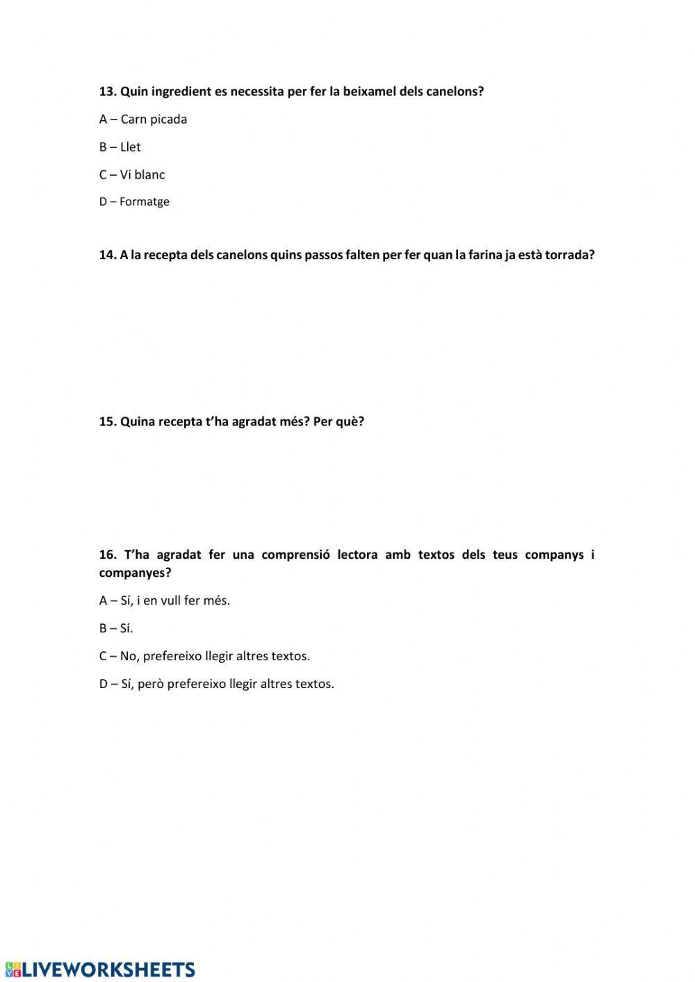 Comprensió Lectora. Receptes