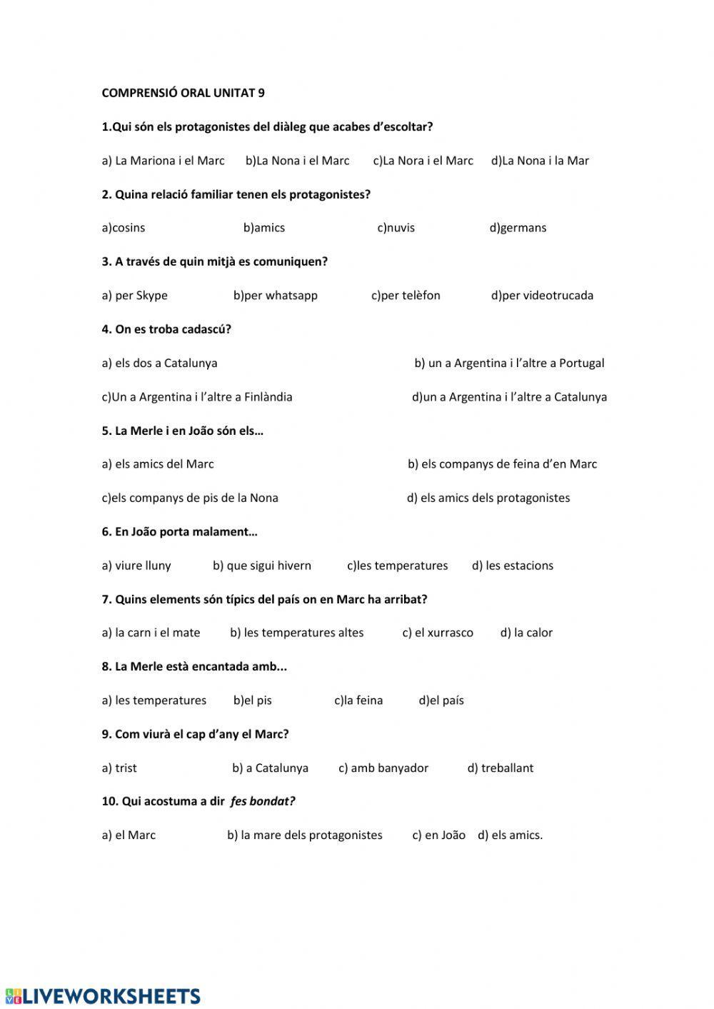 Comprensió unitat 9