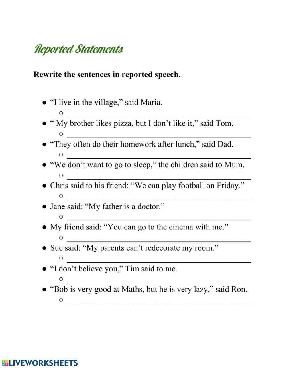 Reported Statements interactive worksheet | Live Worksheets