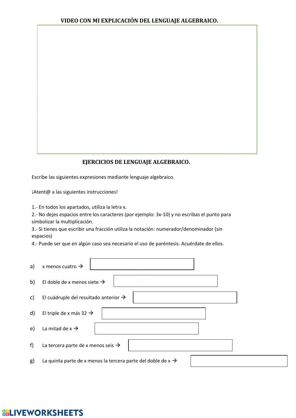 Ejercicios de refuerzo lenguaje algebraico