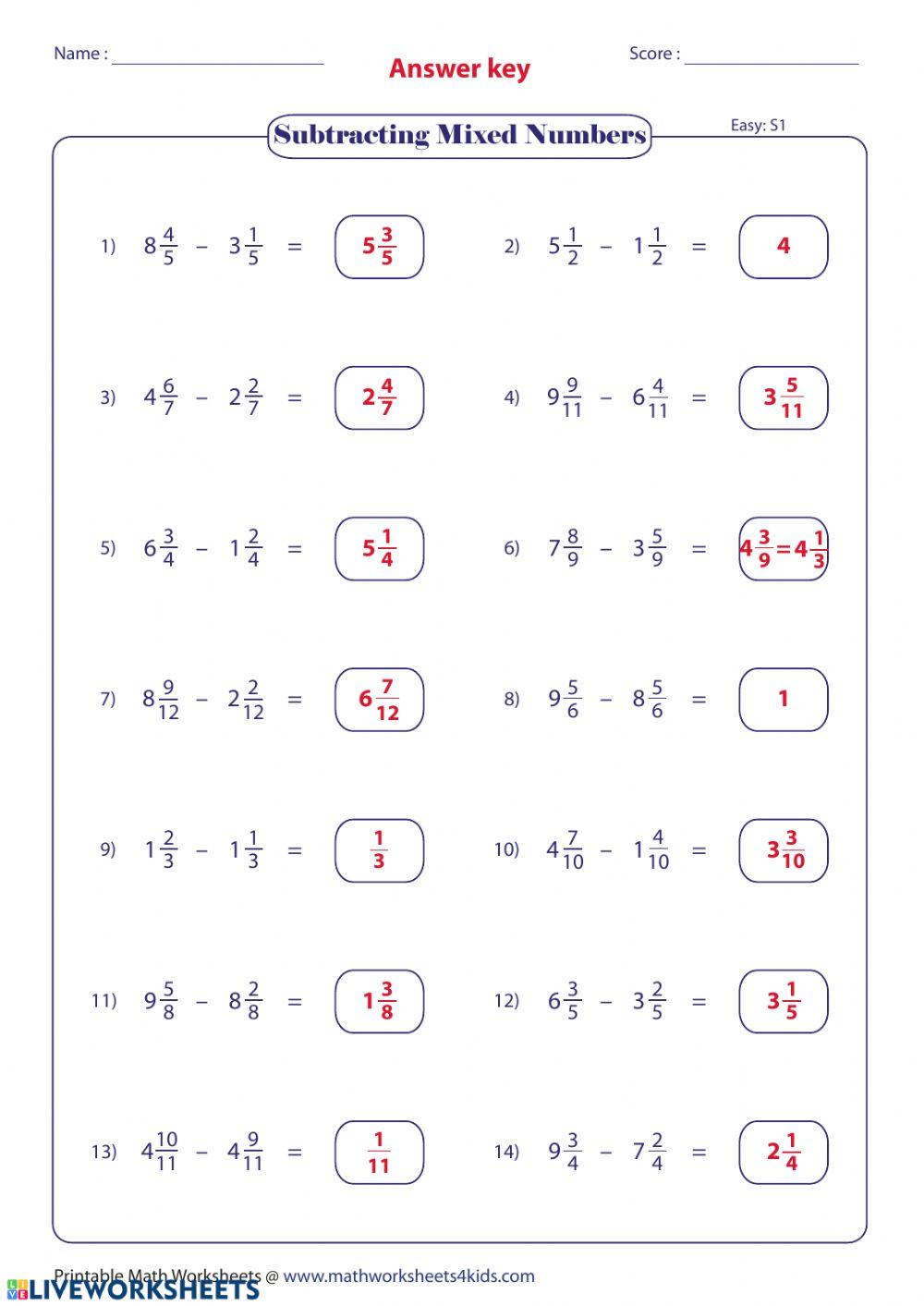 Subtracting Mixed numbers with like Denominators online exercise for ...