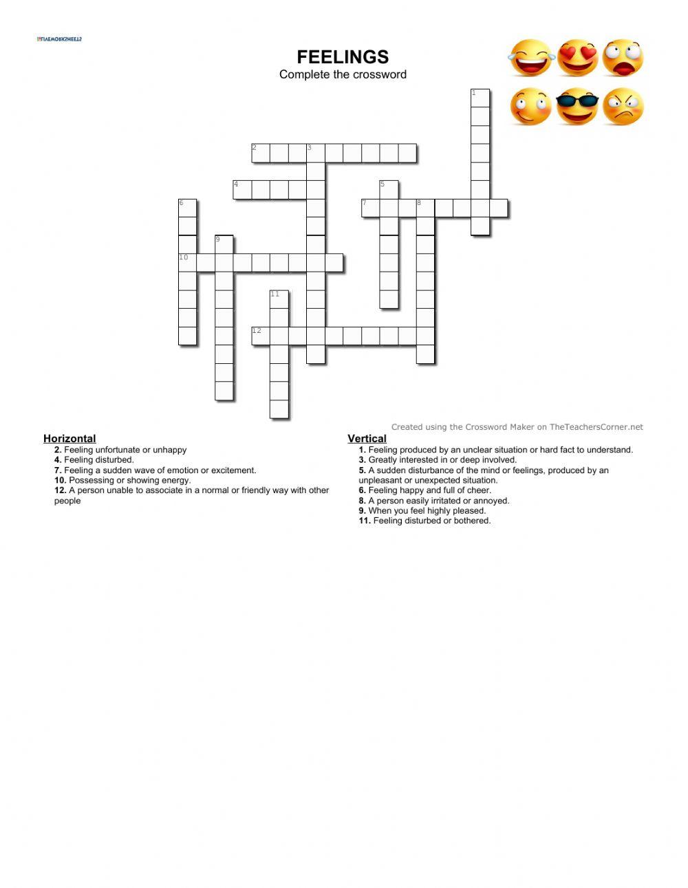 Feelings crossword worksheet Live Worksheets